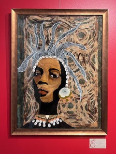 "Natty Dreads" mixed media portrait of a Black woman with cowrie shell headband