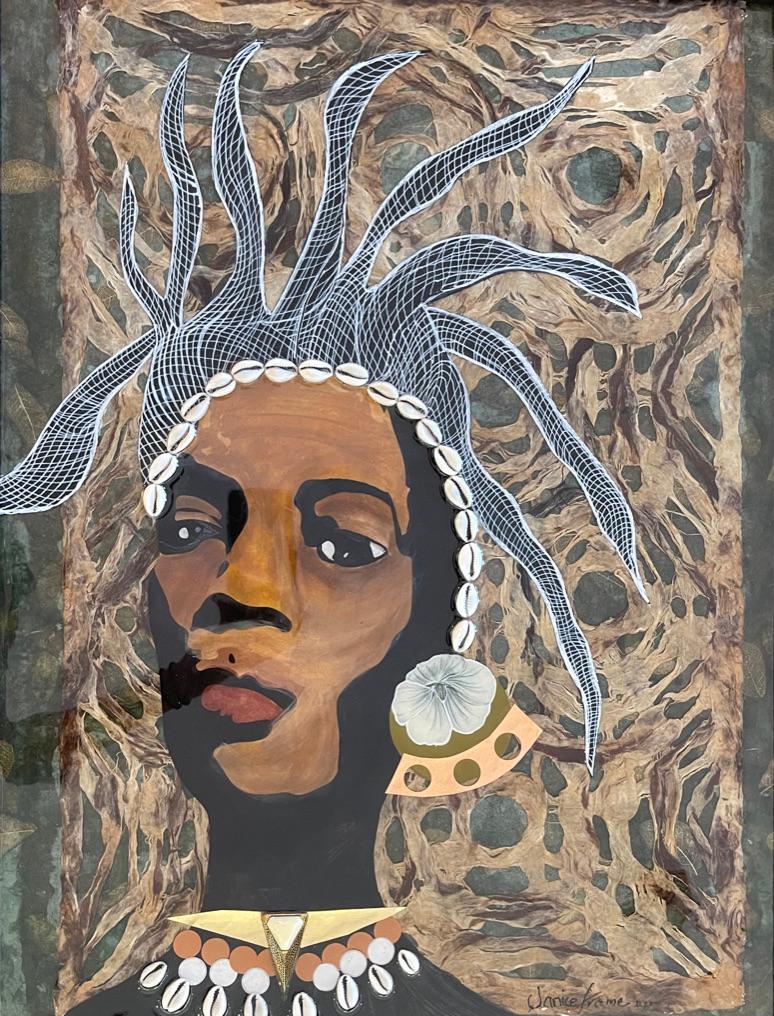 Portrait Painting de Janice Frame - "Natty Dreads" retrato en técnica mixta de una mujer negra con diadema de concha de cauri