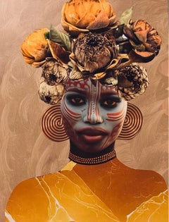 "Ngozi" portrait of an African woman with painted face and yellow floral headres