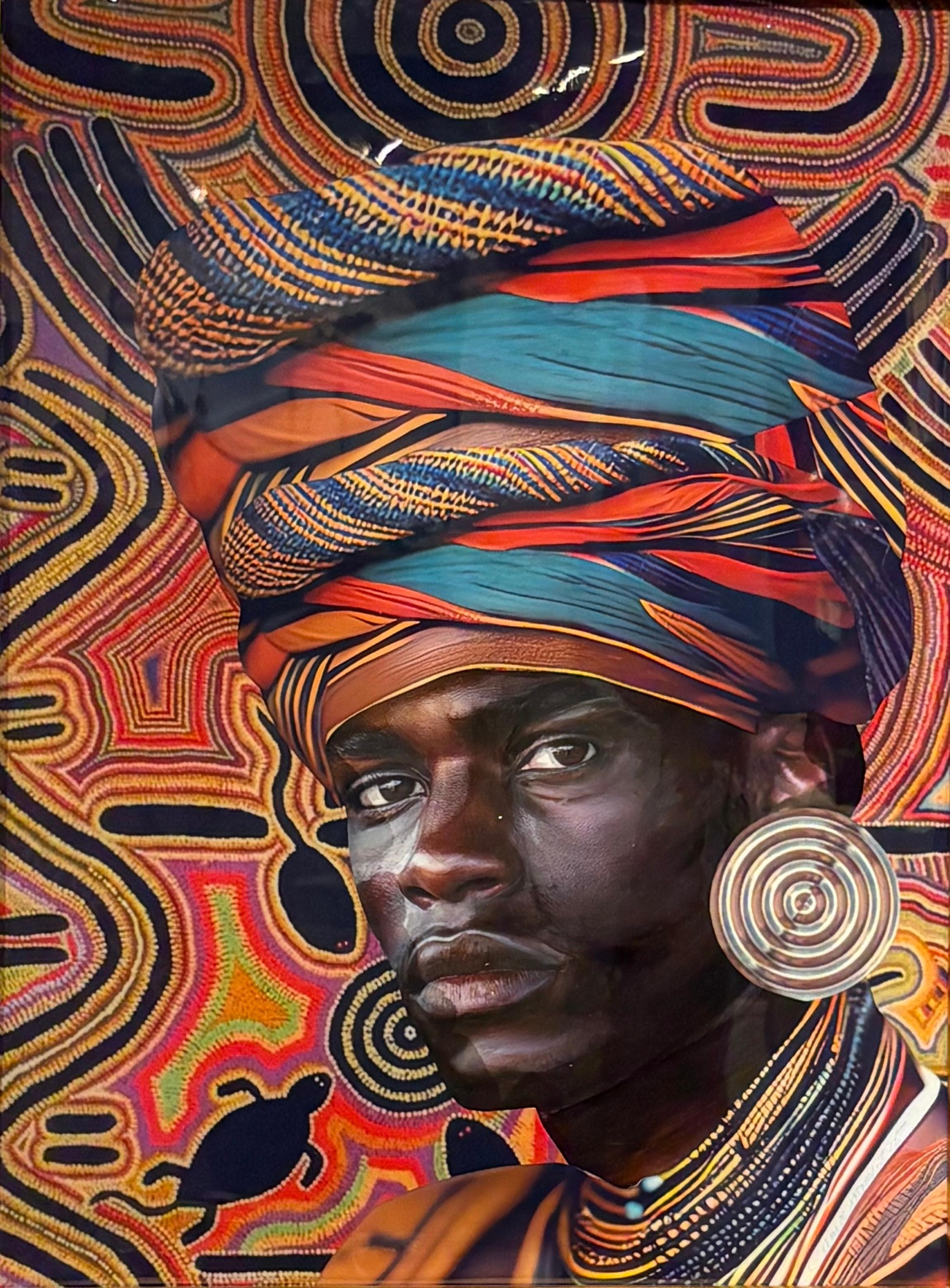 "Noble Pursuit" Collage-Porträt eines afrikanischen Mannes mit Schmuck und buntem Schal – Mixed Media Art von Janice Frame
