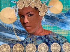 "Passage of Time" mixed media portrait of an African woman with a gold headdress