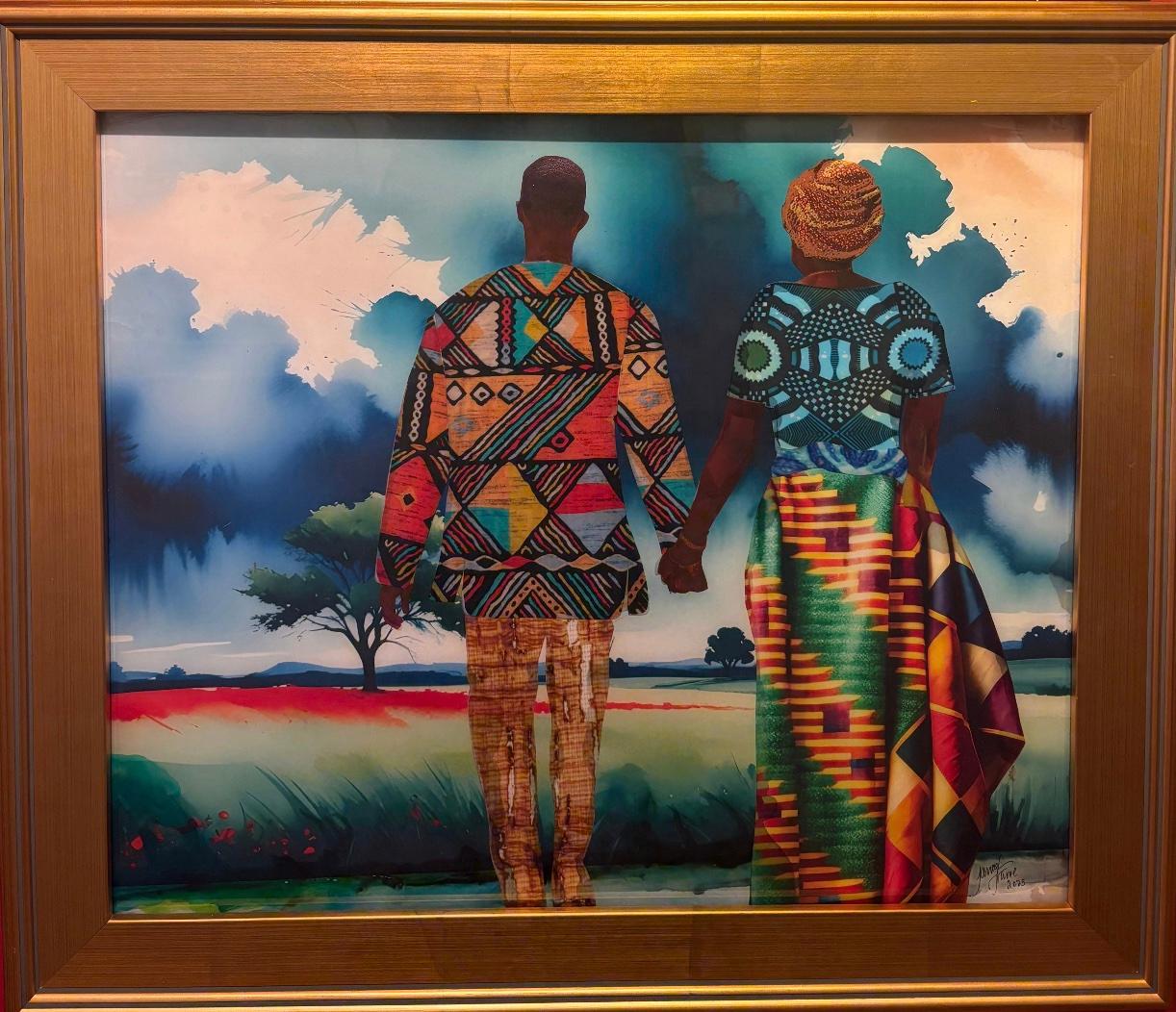 « Shared Visions, Beyond Today », deux couples avec des vêtements à motifs regardent vers la nature - Contemporain Mixed Media Art par Janice Frame