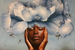 "There Will Be an Answer, Let it Be" Woman with ethereal blue flower on her head