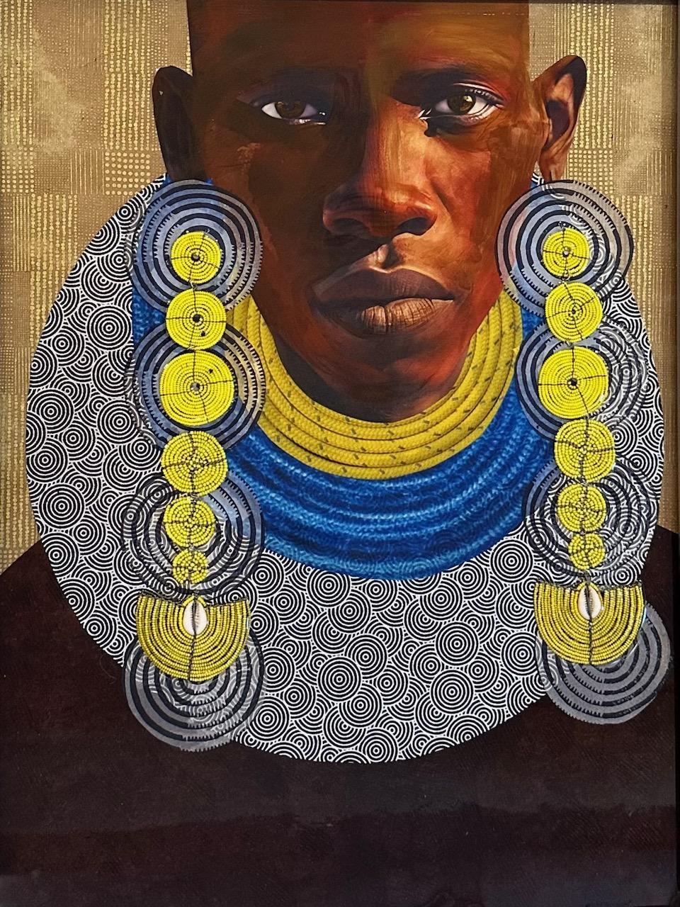 "Tribal Visions" African person wearing yellow earrings and rope necklaces - Mixed Media Art by Janice Frame