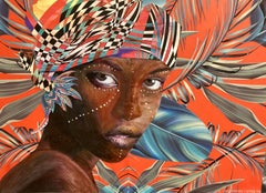 "African Eyes" mixed media portrait of woman with colorful feathered headdress