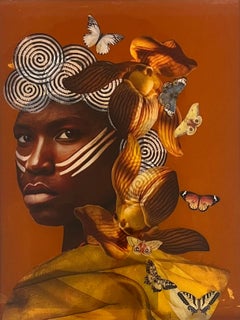 "Schöne Blume" Porträt einer afrikanischen Frau in Gelb mit Schmetterlingen