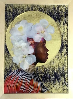 "Black Girl Magic" White and Gold rendition of a black woman with flower crown.