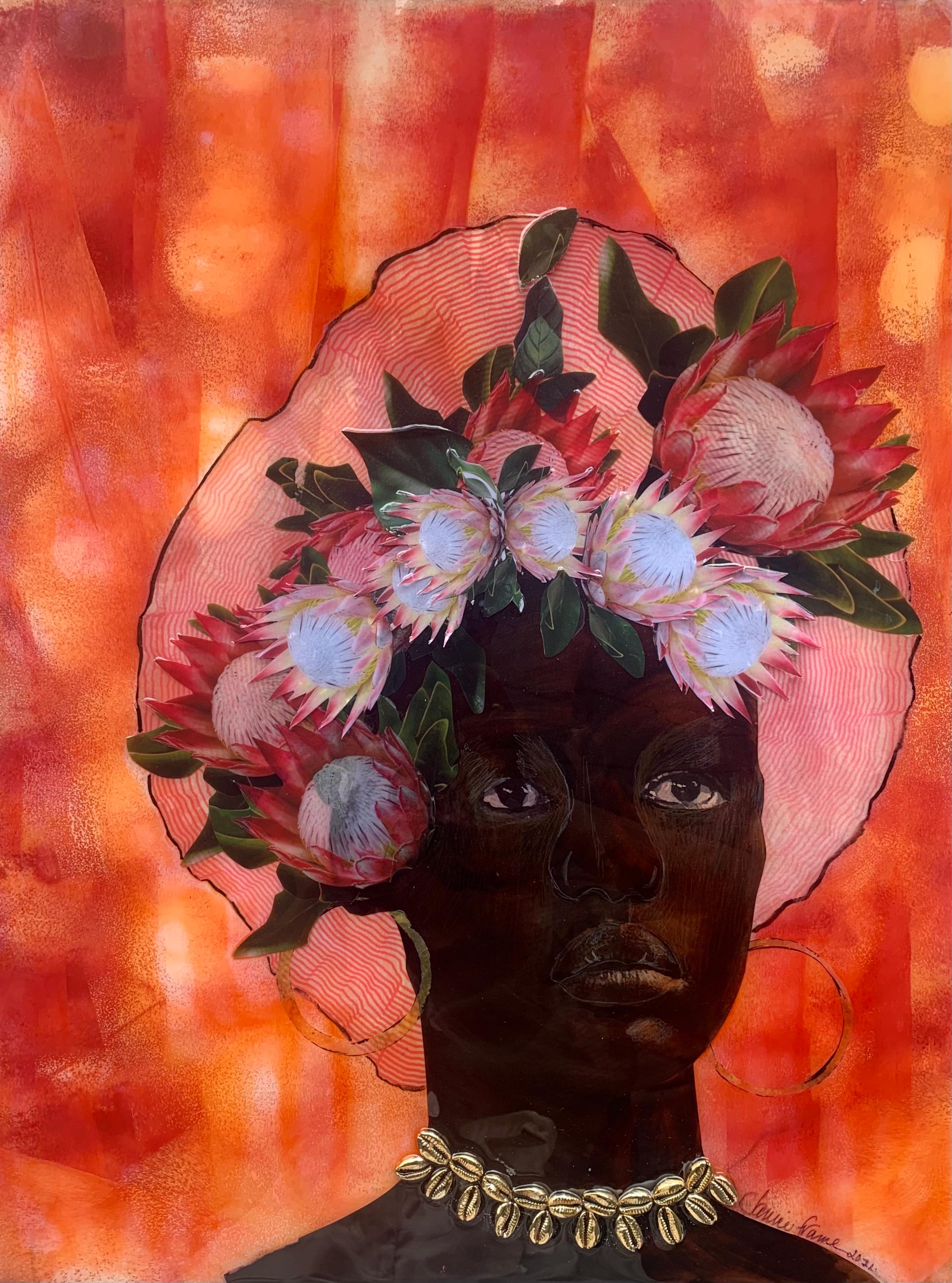 "Blacker Than Blue" Mixed media painting of a woman wearing a flower head dress