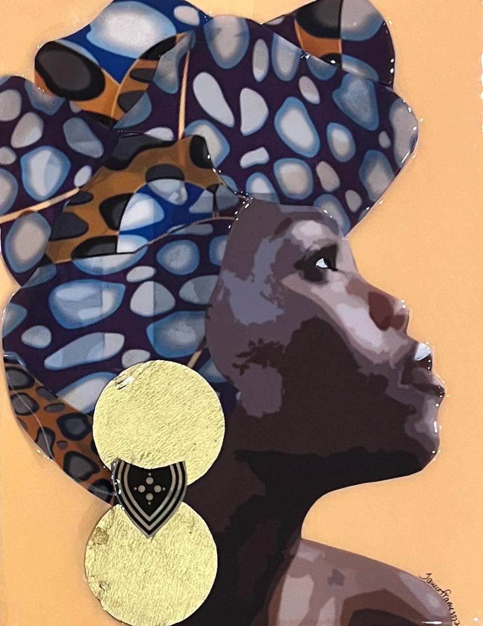 Janice Frame Portrait Painting - "Celebrating Africa" Mixed media portrait, black woman in profile, head scarf
