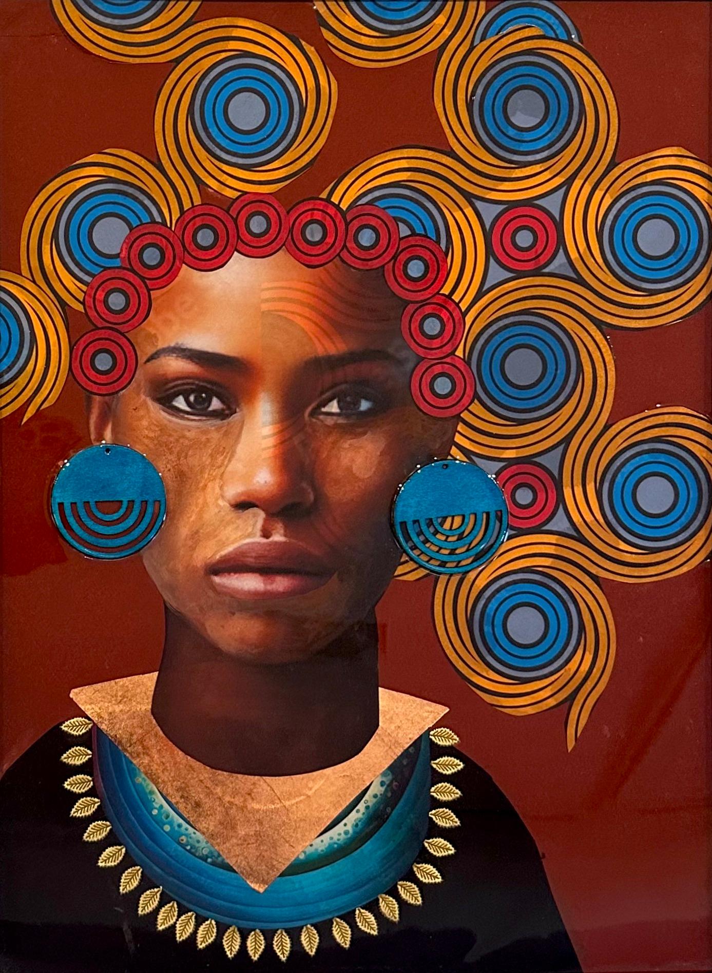 Janice Frame Portrait Painting - "Circles of Life" African woman wearing blue circle earrings and black robe 