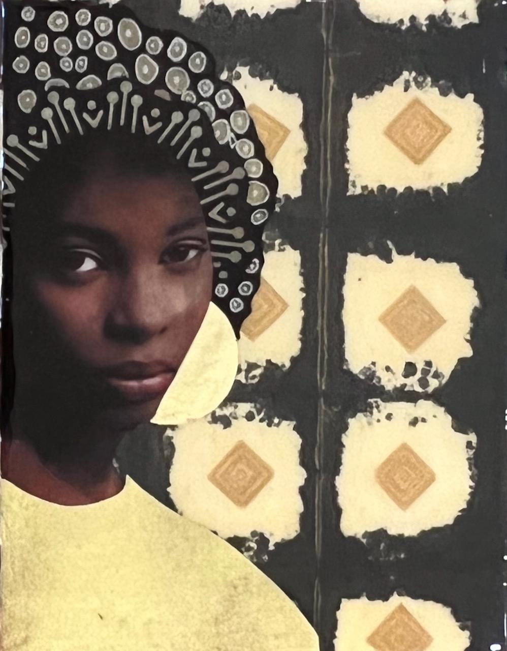 Janice Frame Portrait Painting - "Crowning Glory" Mixed media portrait of a black woman with black and gold 