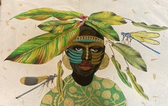 "Dragonfly Conversations" mixed media portrait of boy with leaves and feathers