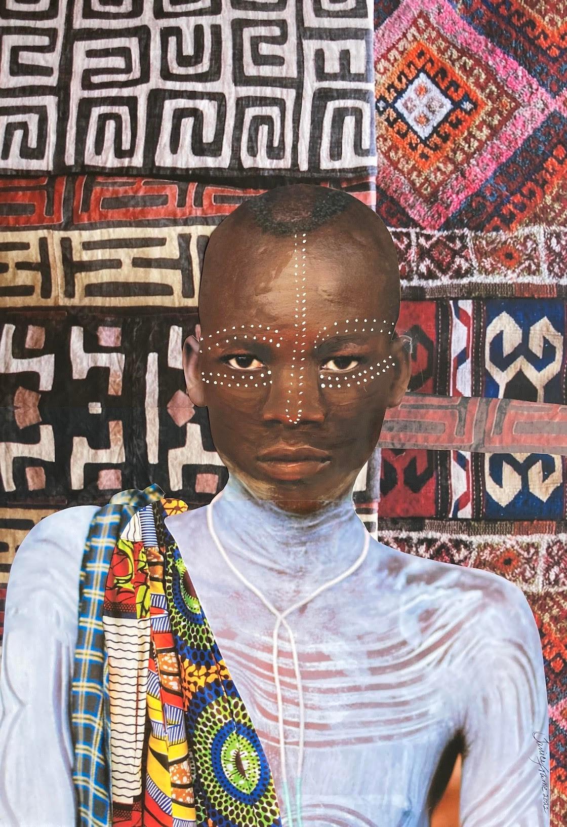 Janice Frame Figurative Painting - "Goat Herder" mixed media portrait of African boy with graphic patterns behind