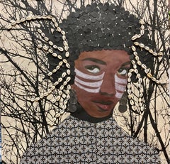 "Honor My World" mixed media portrait of a woman with cowrie shells and branches