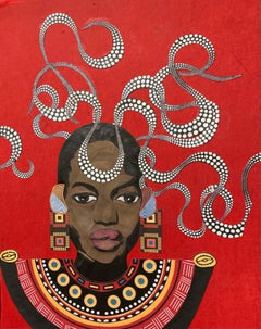 "I am Color" mixed media portrait of a woman with tribal neck piece and red