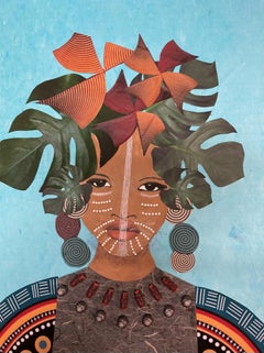 "Incredible Beauty" mixed media portrait of a woman with feathers and turquoise