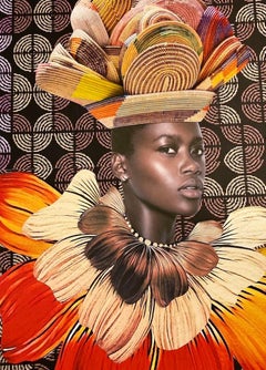 "Market Day" mixed media portrait of an African woman with woven basket hat