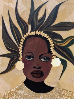 "Melanin" mixed media portrait of a black woman with gold and feather headdress