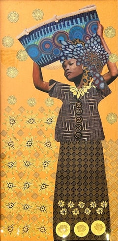 "Morning Ritual" Amber, yellow, and brown mixed media portrait of African woman.