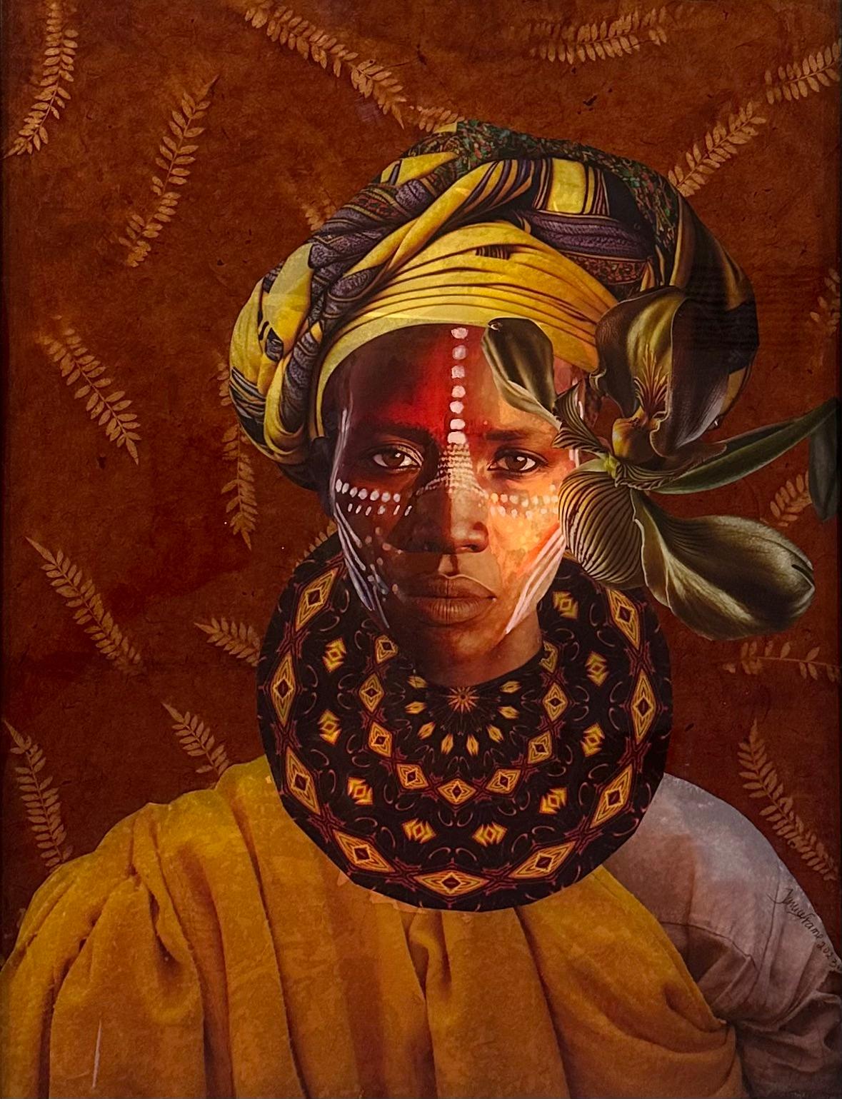 Janice Frame Portrait Painting - "Strength and Resilience" Tribal African woman wearing traditional garbs 