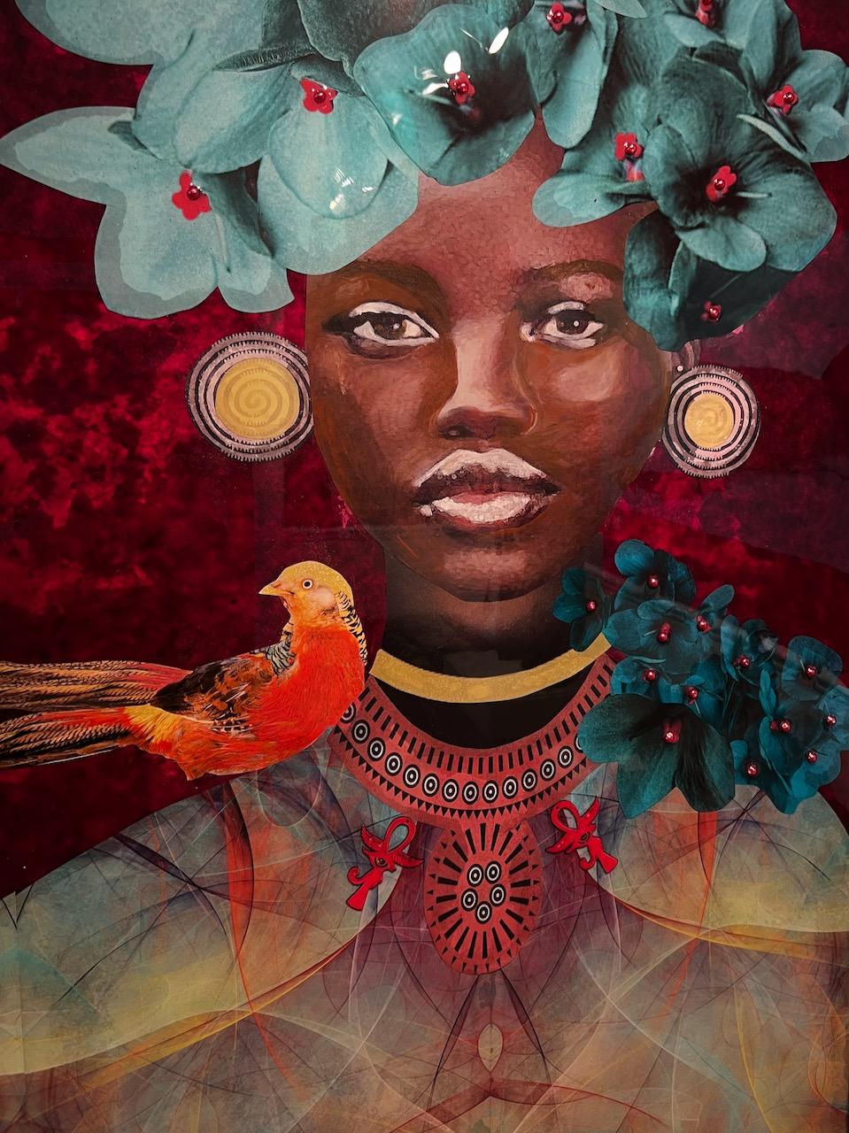 Portrait en technique mixte de femme noire avec des fleurs sarcelles et un oiseau, Whispering Shadows - Painting de Janice Frame