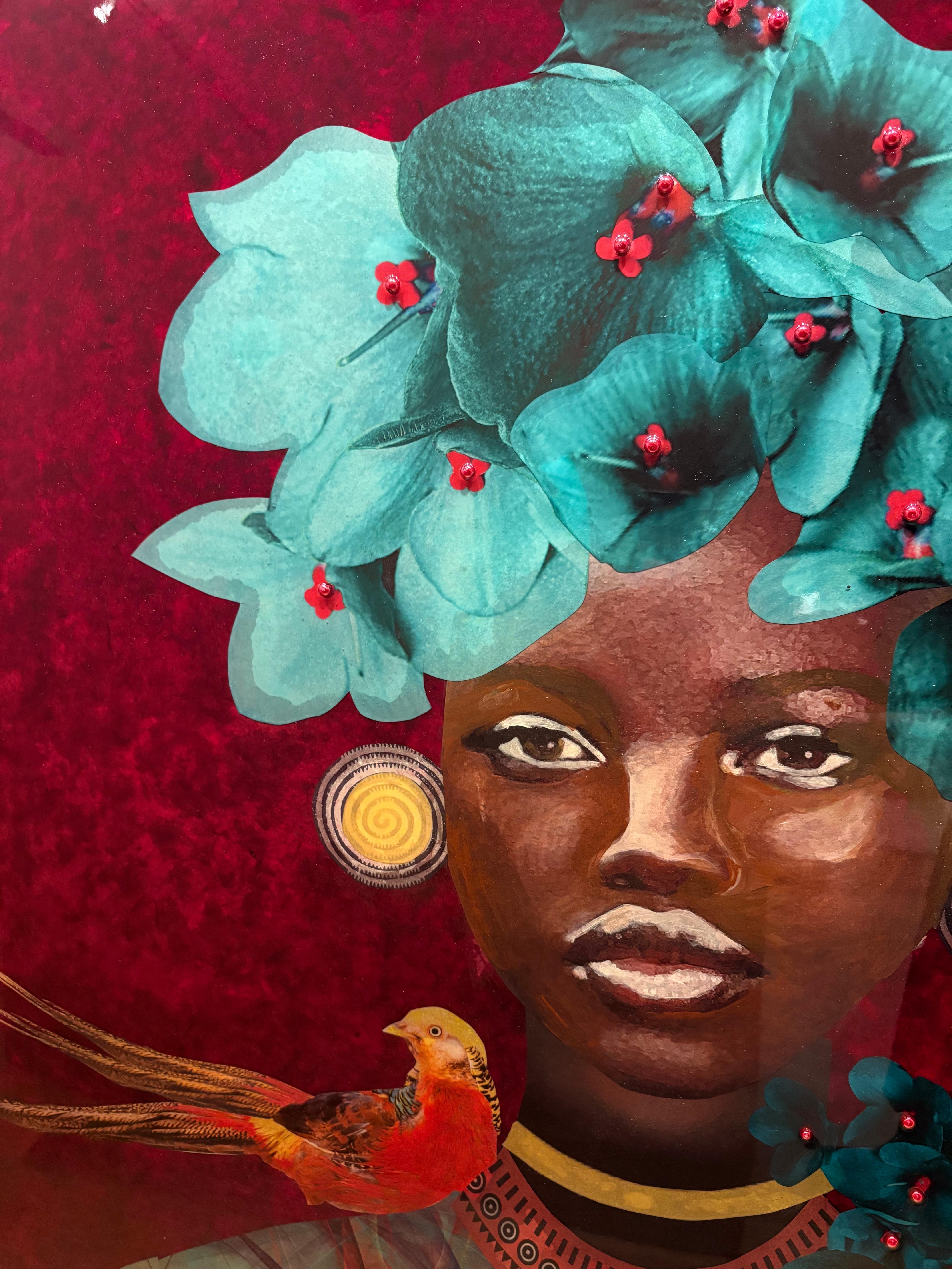 Portrait en technique mixte de femme noire avec des fleurs sarcelles et un oiseau, Whispering Shadows en vente 1