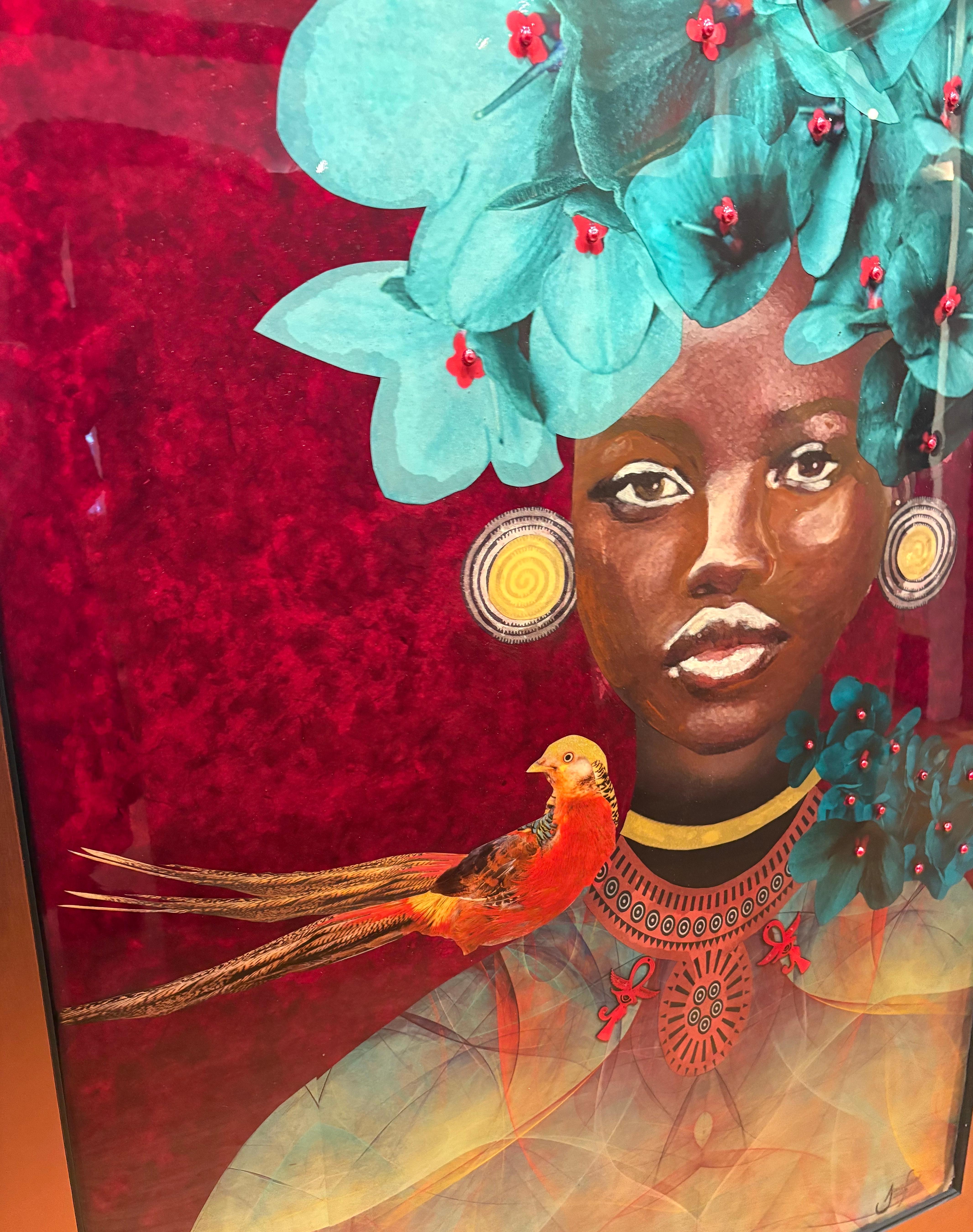 Portrait en technique mixte de femme noire avec des fleurs sarcelles et un oiseau, Whispering Shadows en vente 2