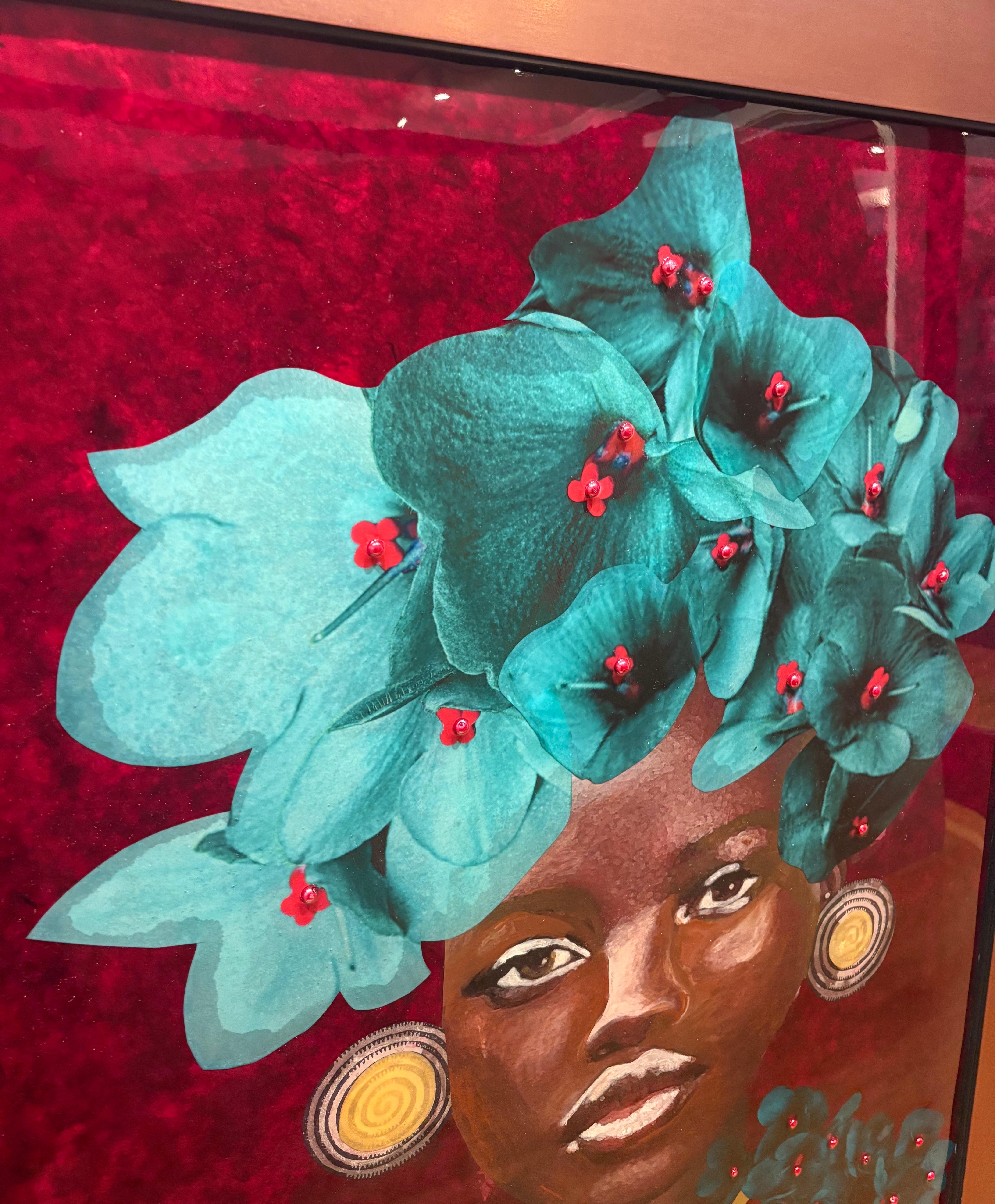 Portrait en technique mixte de femme noire avec des fleurs sarcelles et un oiseau, Whispering Shadows en vente 4