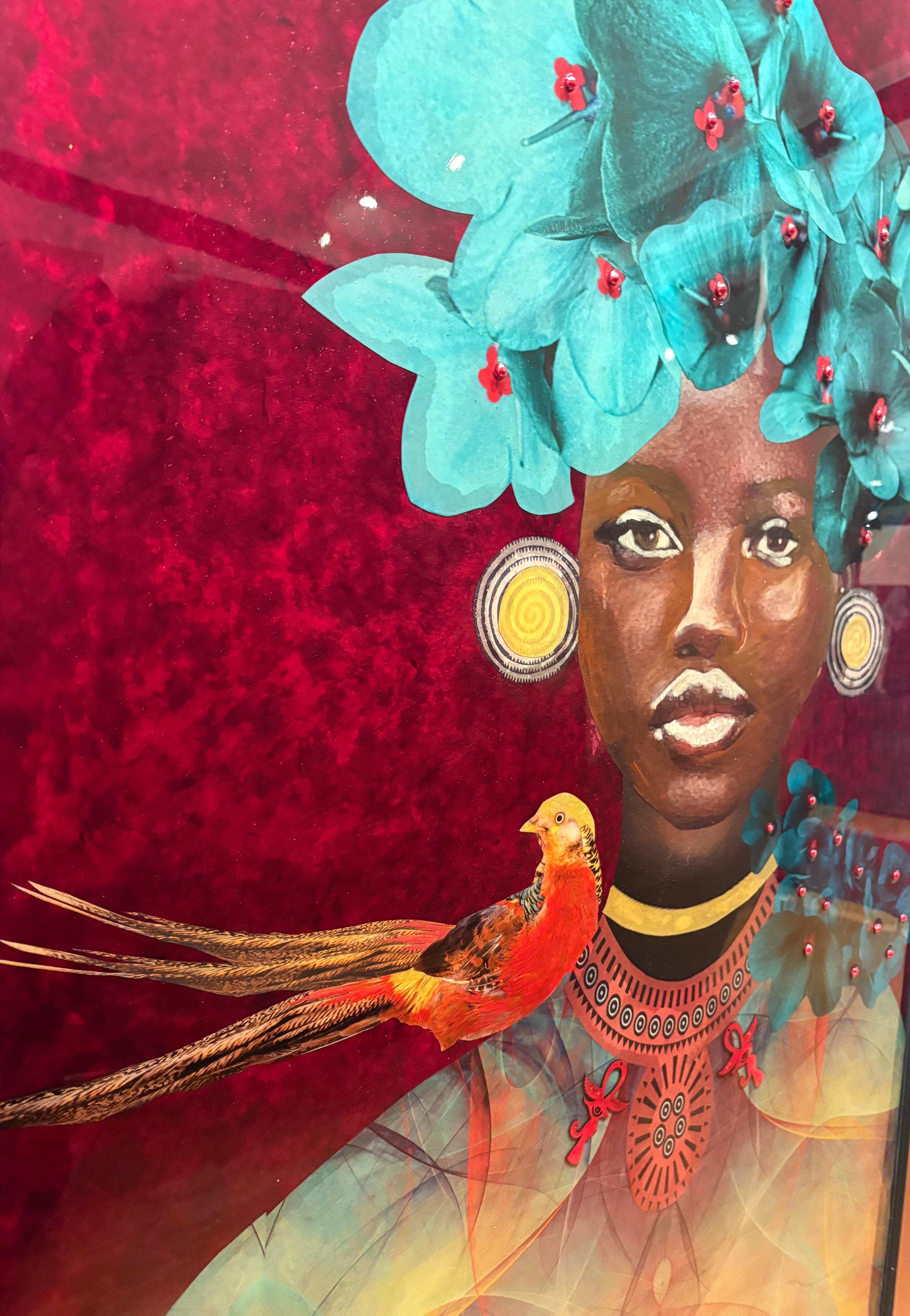 Portrait en technique mixte de femme noire avec des fleurs sarcelles et un oiseau, Whispering Shadows en vente 5