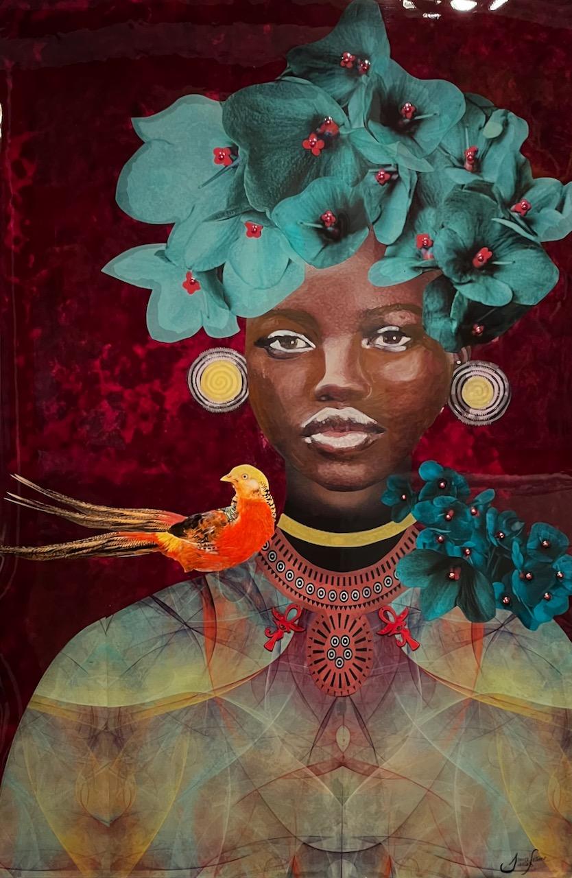 „Whispering Shadows“ Mixed-Media-Porträt einer schwarzen Frau mit blauen Blumen, Vogel