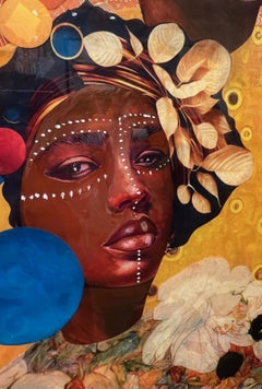 "Women's Stories" mixed media painting of three black women, orange flowers