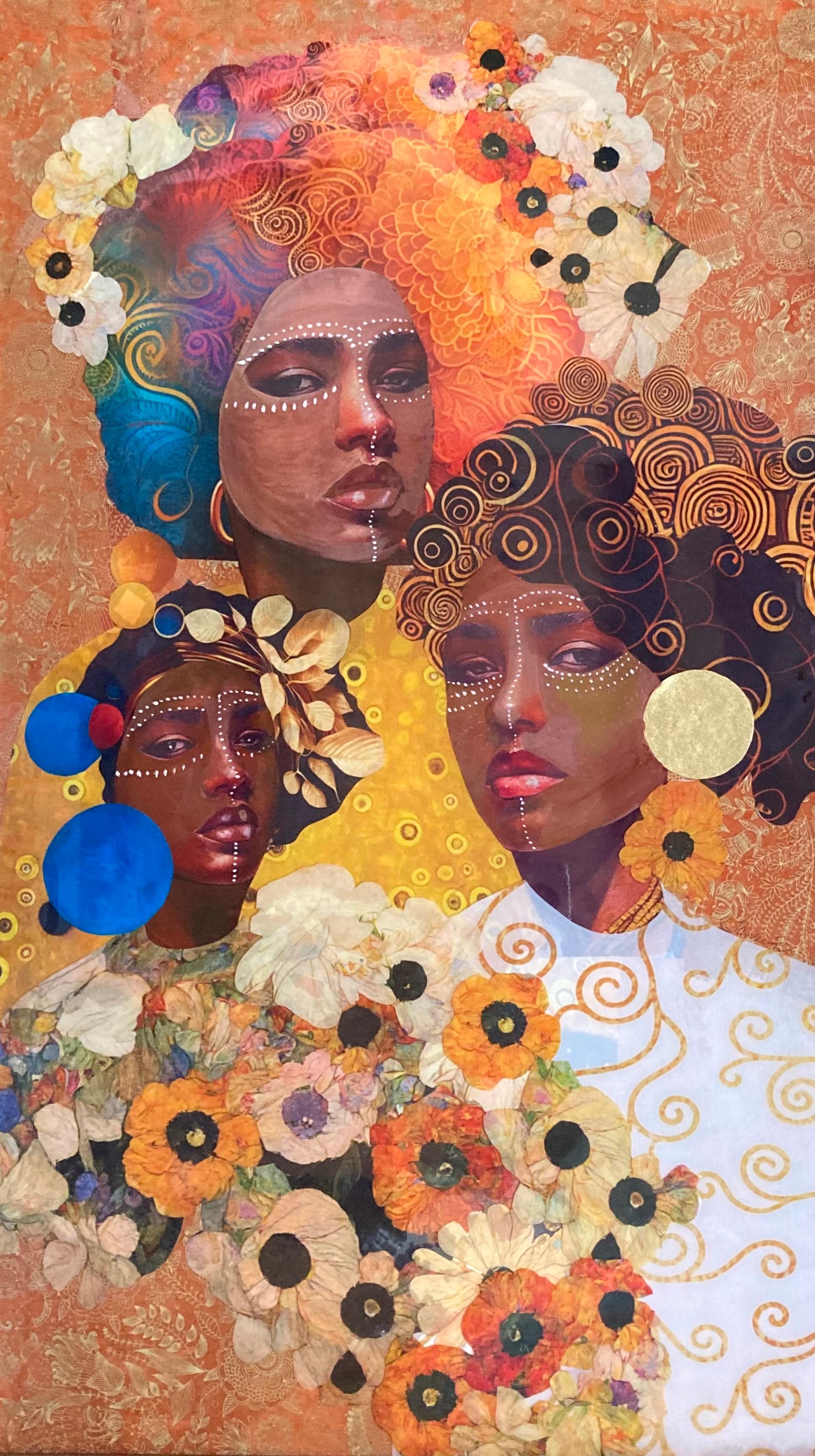 Janice Frame Figurative Painting - "Women's Stories" mixed media painting of three black women, orange flowers