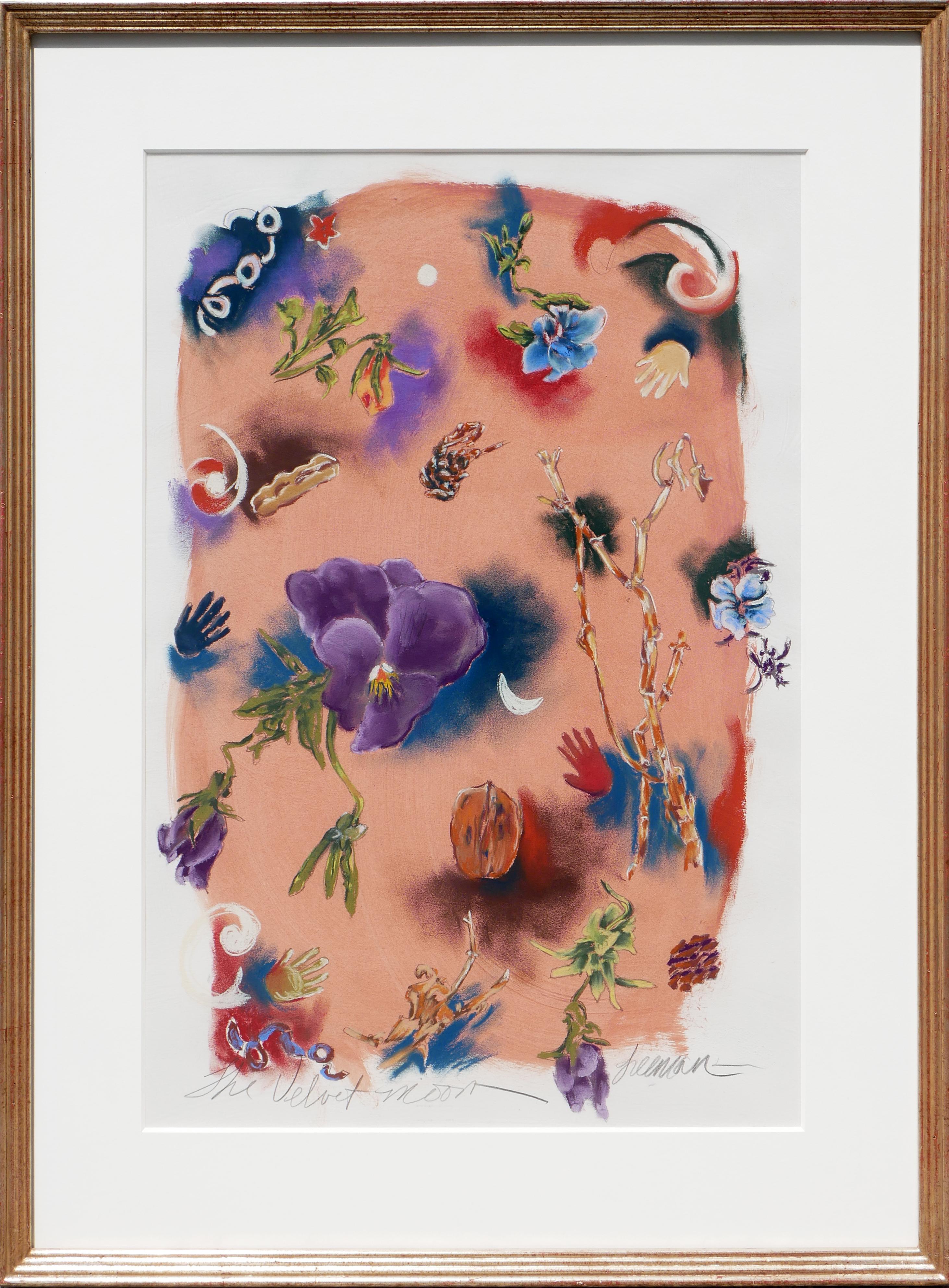 "La lune en velours" - Paysage de désert abstrait à fleurs abstraites contemporain coloré par des bijoux 