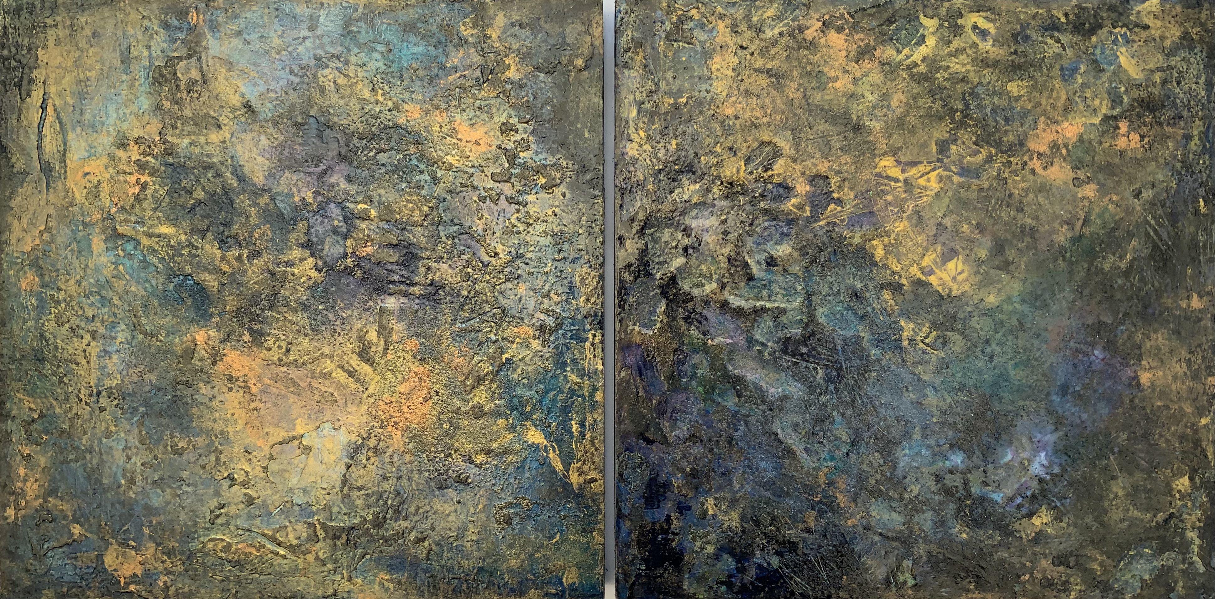Blues Metallic Diptych, Mixed Media on Wood Panel - Mixed Media Art by Janice  Rogers