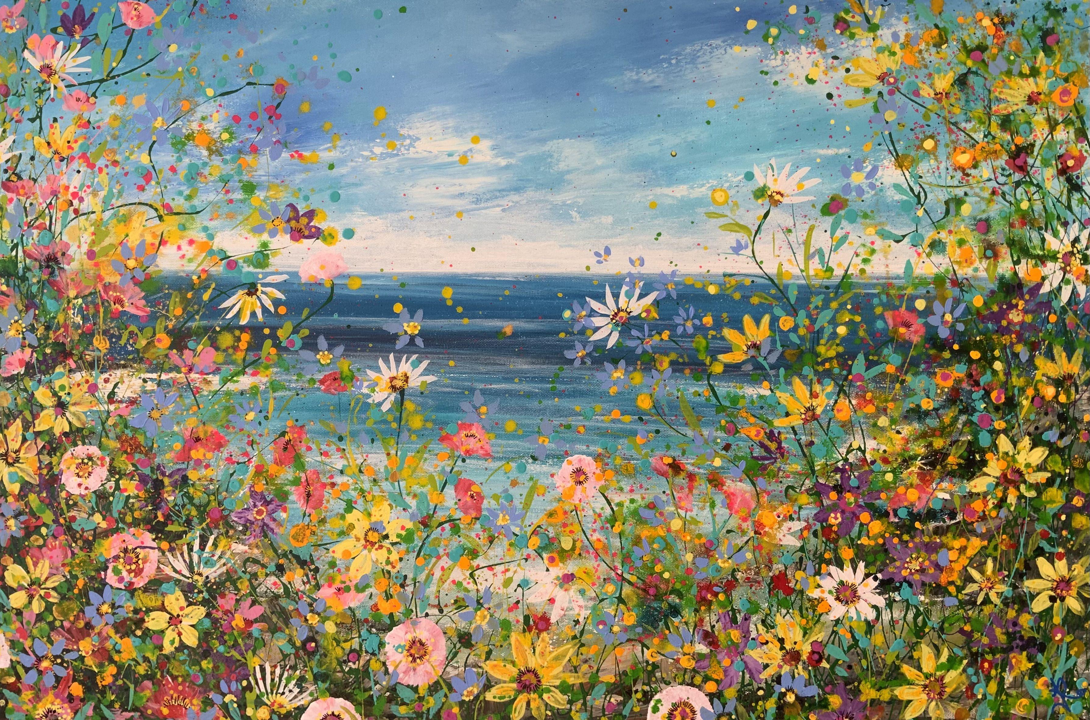 A huge blast of summer glory by the ocean. A frenzy of colour, semi abstract flowers dance merrily in the sea breeze. I was buzzing when I painted this from seeing Coldplay, I think the energy and passion speaks clearly.   Painted onto Loxley gold