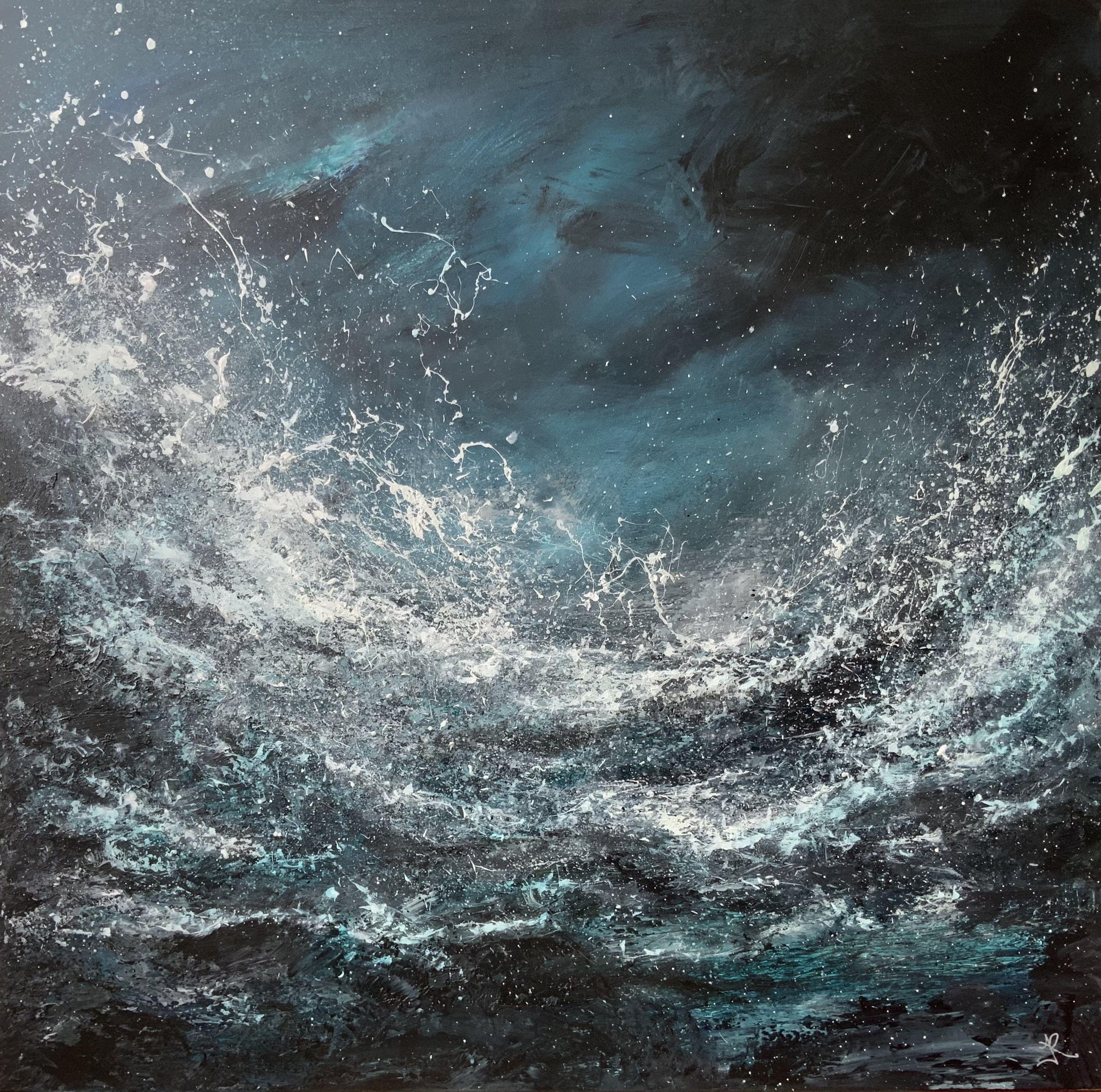 A deep, dark and dramatic seascape. Packed with movement, texture and atmosphere. Hypnotic taking the viewer into a different world. A huge focal point to any interior that requires a lift. Inspired by love of the coast, in particular Cornwall and