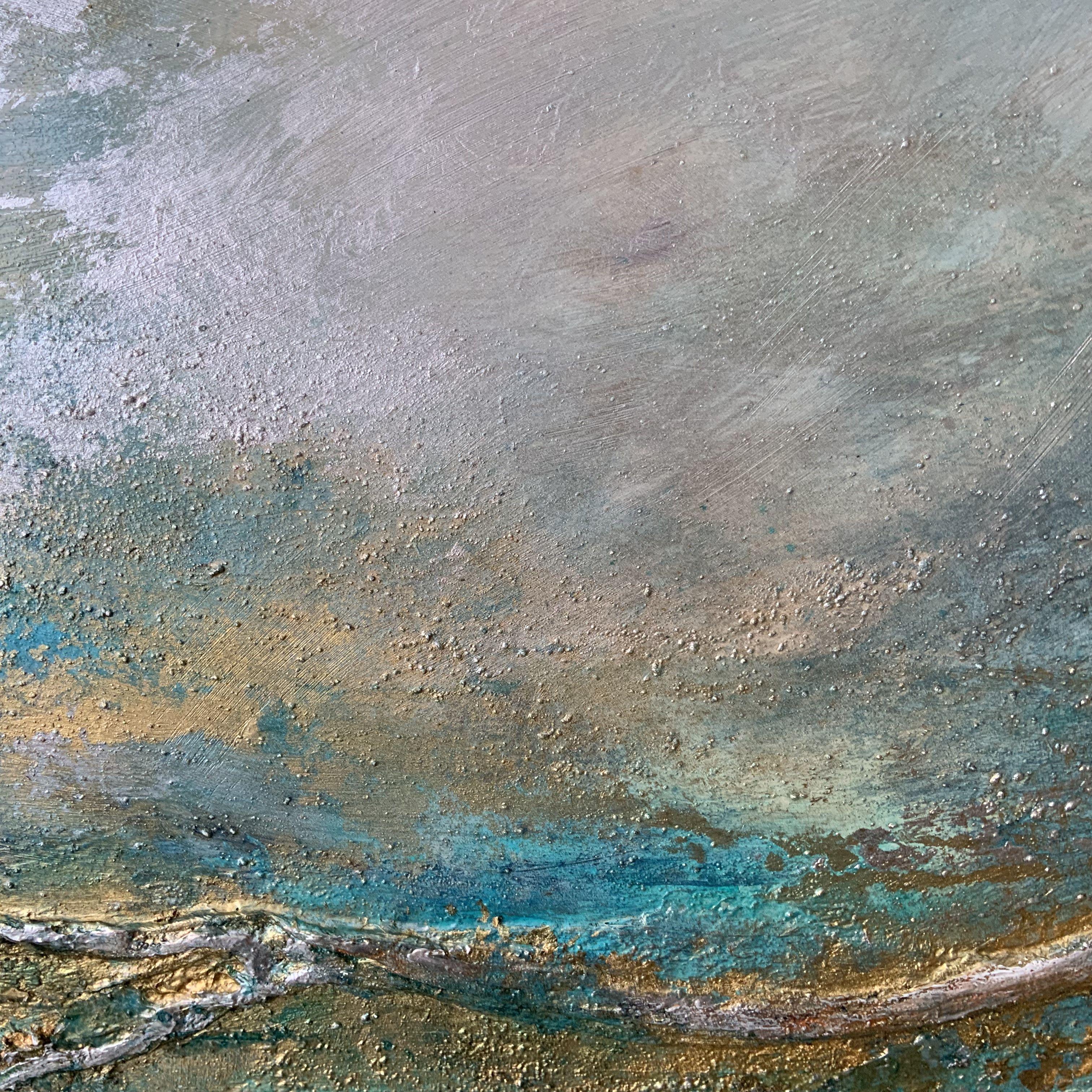 Peinture, acrylique sur panneau de bois, océan bleu sarcelle sculpté 1