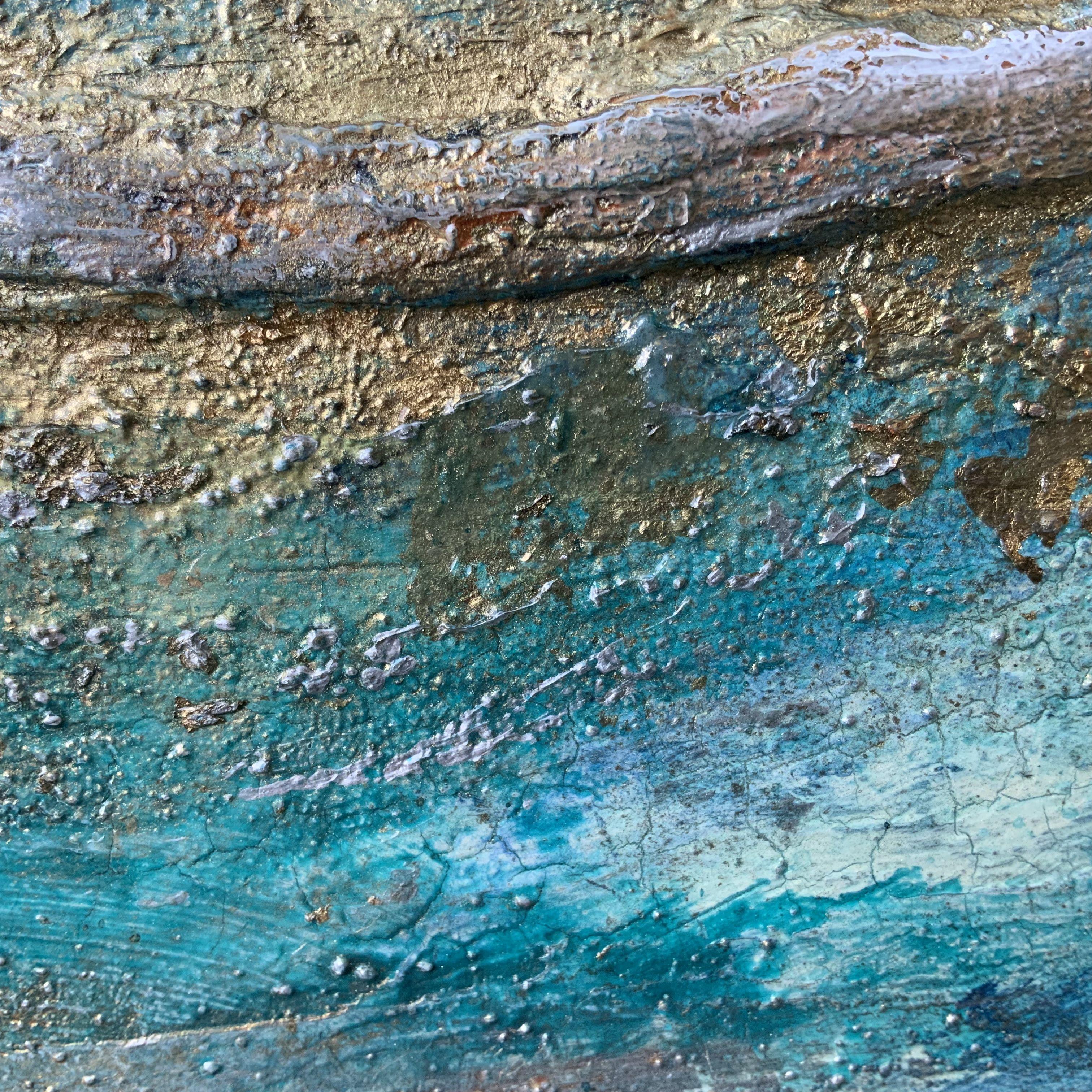 Peinture, acrylique sur panneau de bois, océan bleu sarcelle sculpté 2