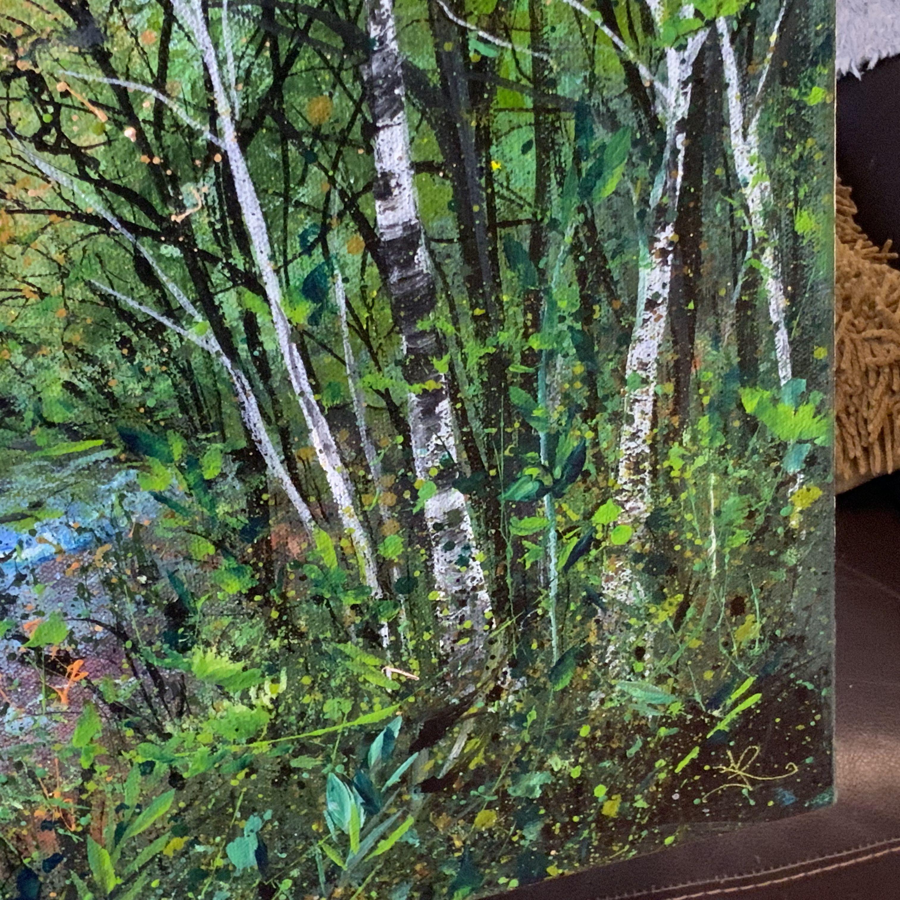 Vue d'un lac boisé, peinture, acrylique sur toile - Impressionnisme Painting par Janice  Rogers
