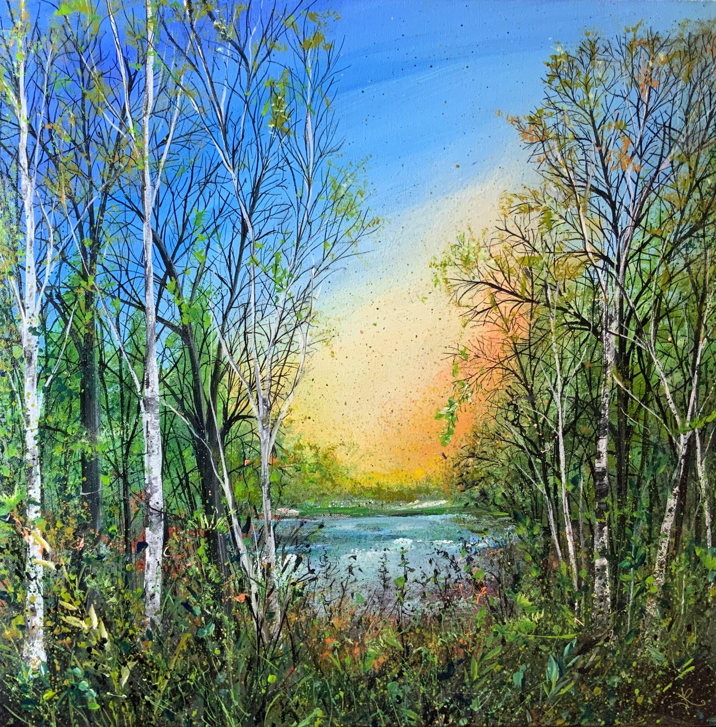 Vue d'un lac boisé, peinture, acrylique sur toile - Painting de Janice  Rogers