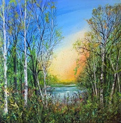 Vue d'un lac boisé, peinture, acrylique sur toile