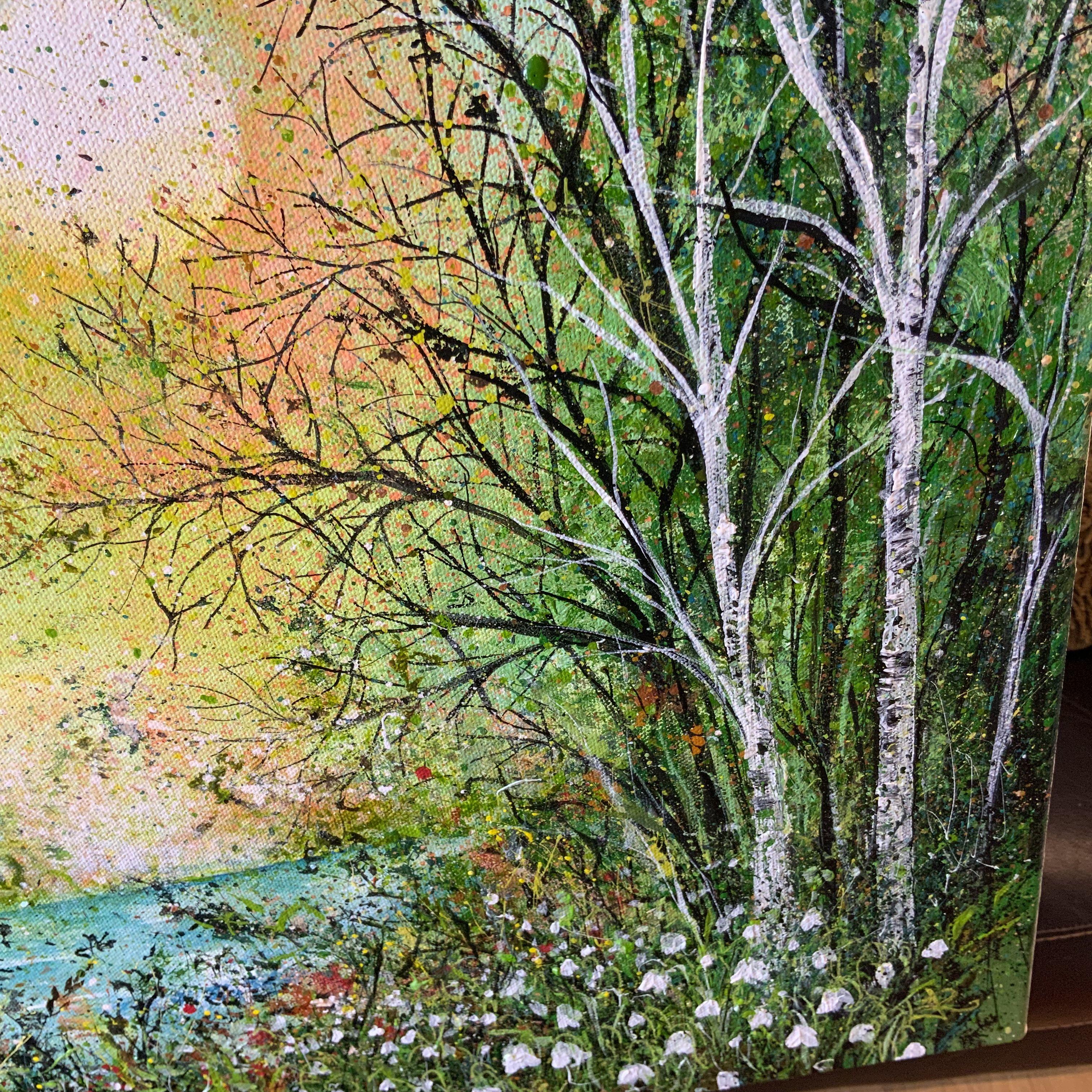 Woodland Snowdrops with Lake View, Painting, Acrylic on Canvas For Sale 1