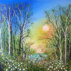 Perce-neige en forêt avec vue sur le lac, peinture, acrylique sur toile