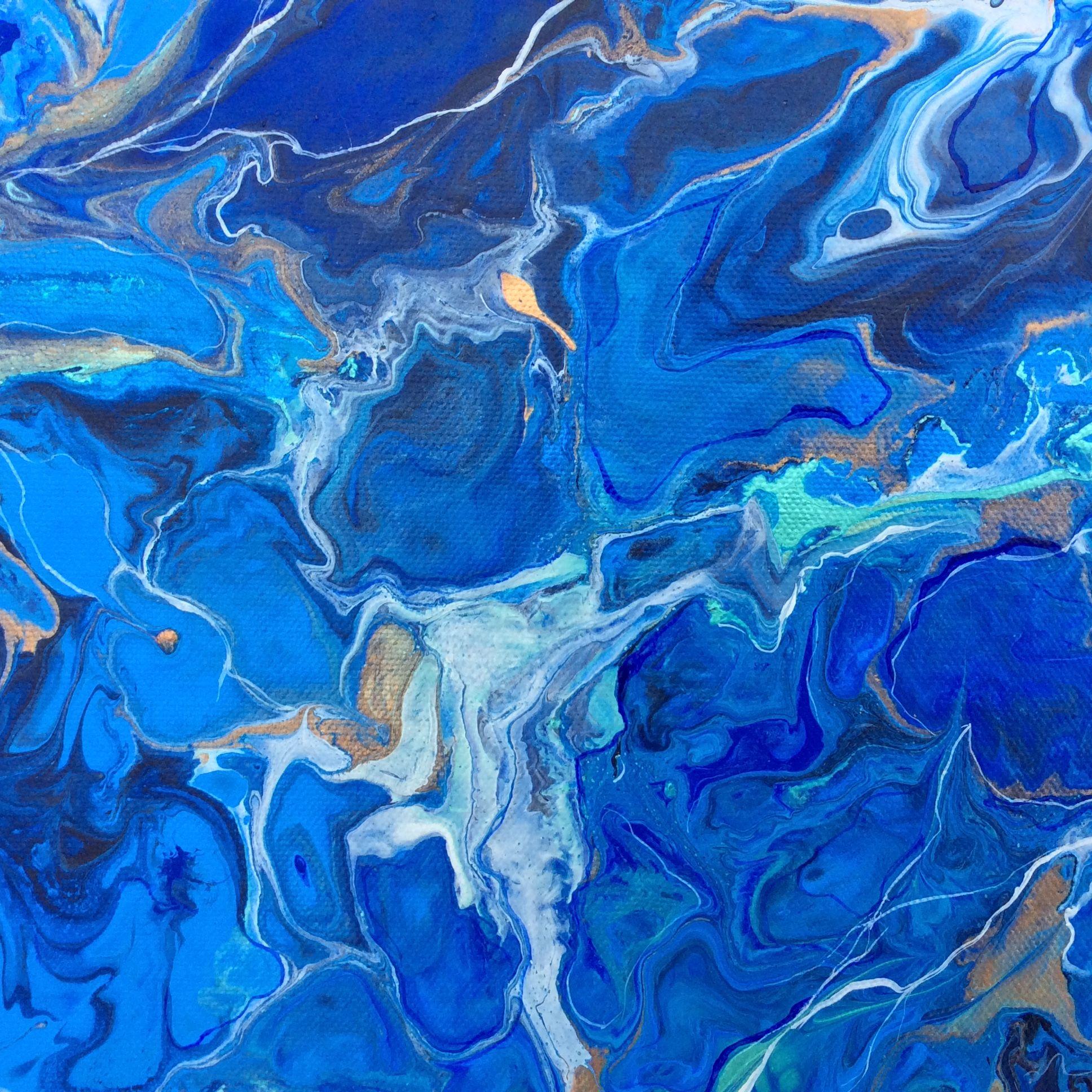 A vibrant, vivid and atmospheric acrylic flow artwork. Experimental and spontaneous, an ocean of blues and teals with a copper metallic element that creates a bold and eye catching painting. A modern, contemporary approach, a piece that would create