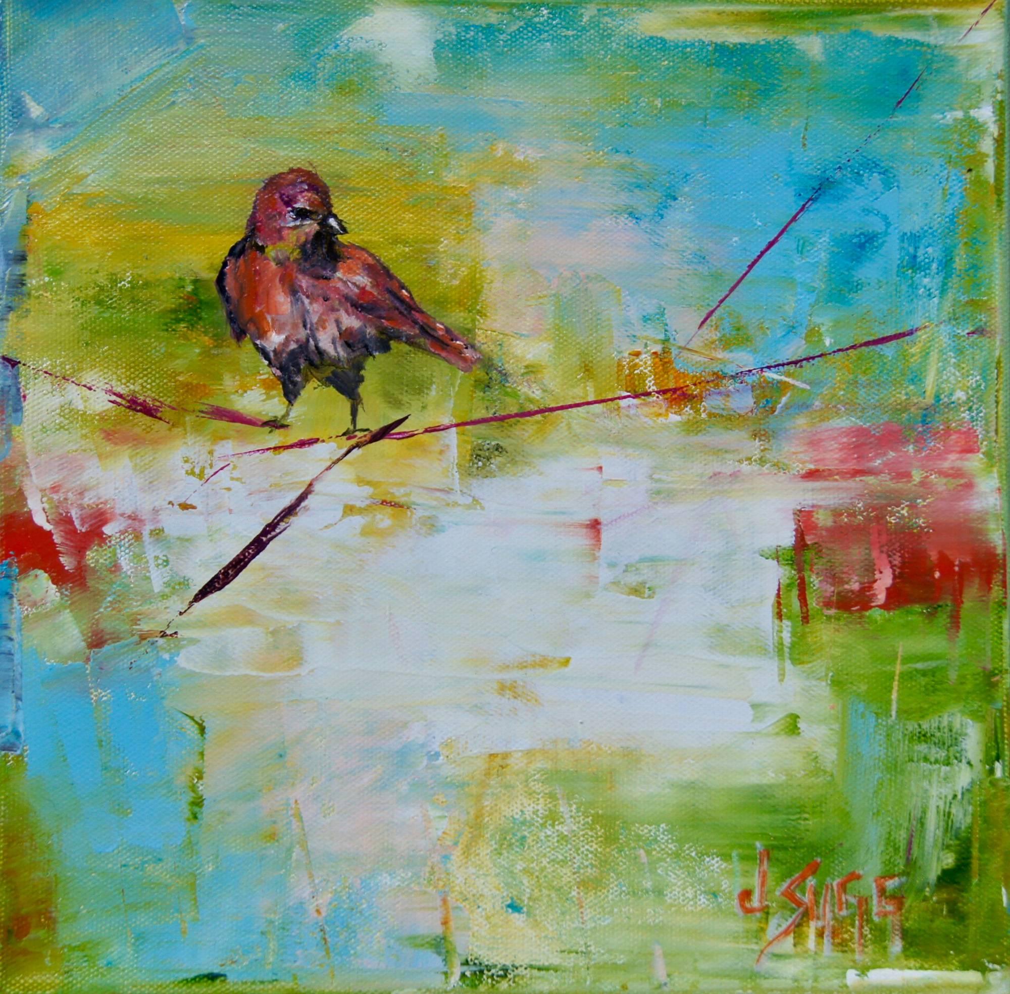 Janice Sugg Animal Painting - Abstract Bird Painting 'Red Bird at Dawn' Urban Wildlife Art, Contemporary Art