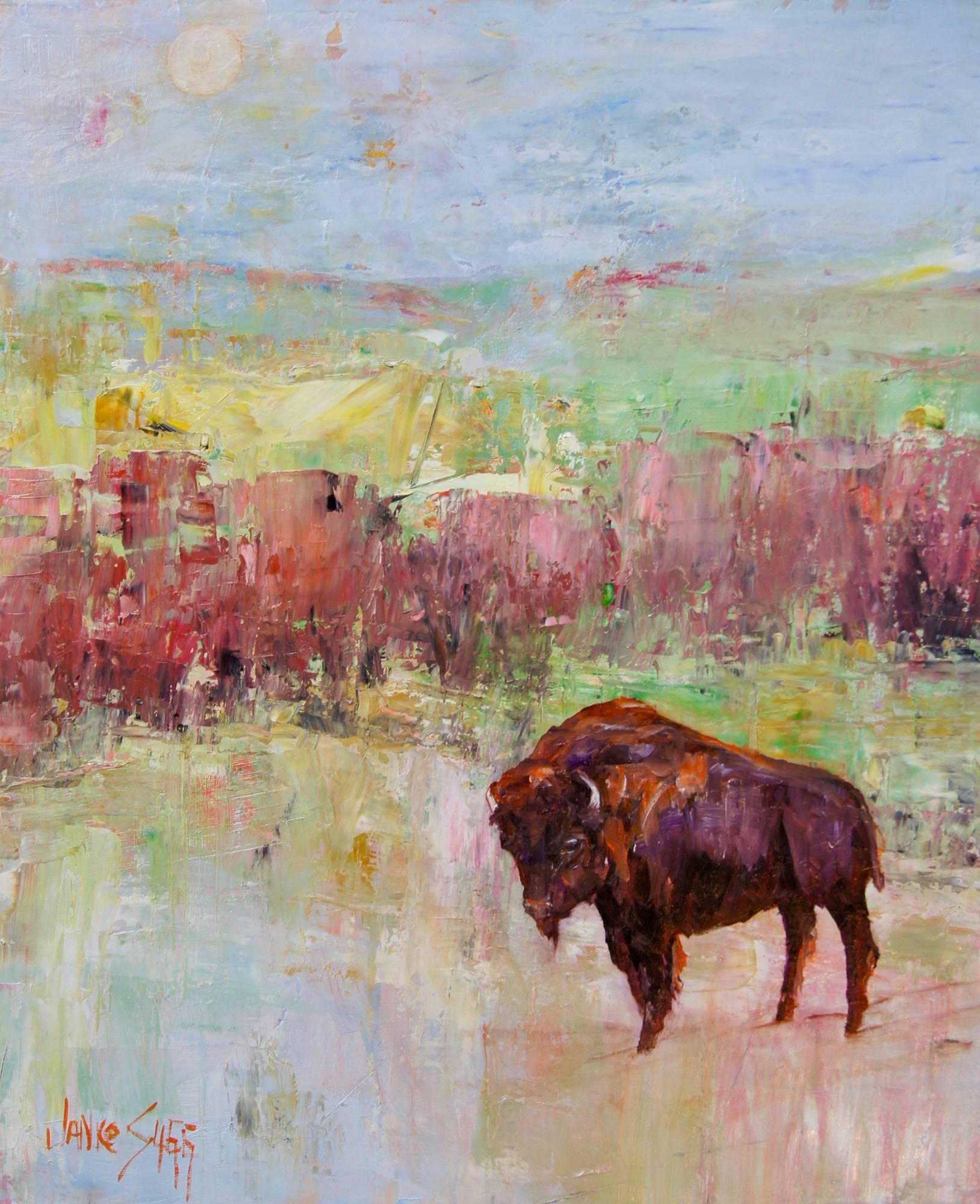 Janice Sugg Abstract Painting - Abstract Bison Painting 'Heading Back to the Summer Pasture' Modern Wildlife Art