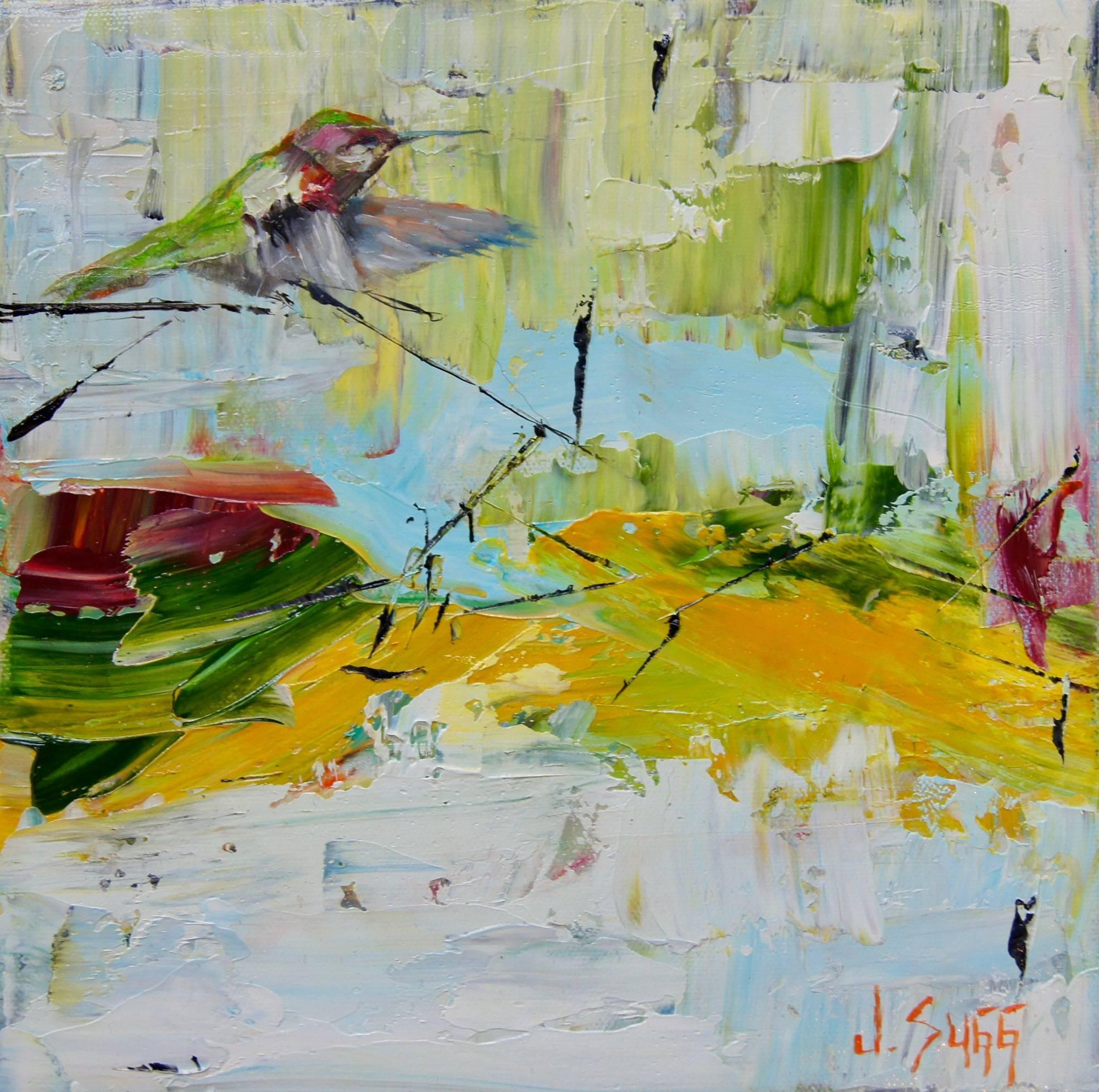 Janice Sugg Abstract Painting - Abstract Bird Painting 'Hummingbird Descending' Urban Wildlife Art, Modern Art
