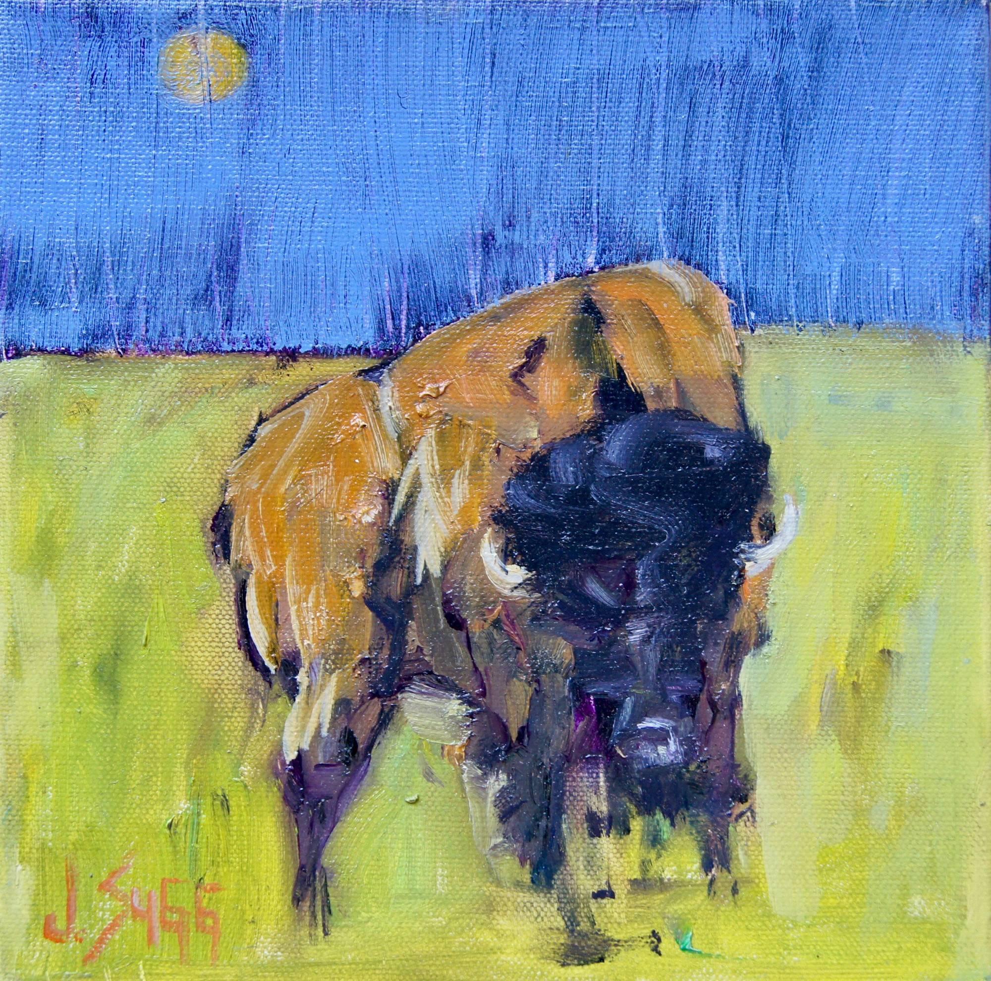 Janice Sugg Abstract Painting - Abstract Bison Painting 'Moonlit Bison I' Urban Wildlife Art, Contemporary Art