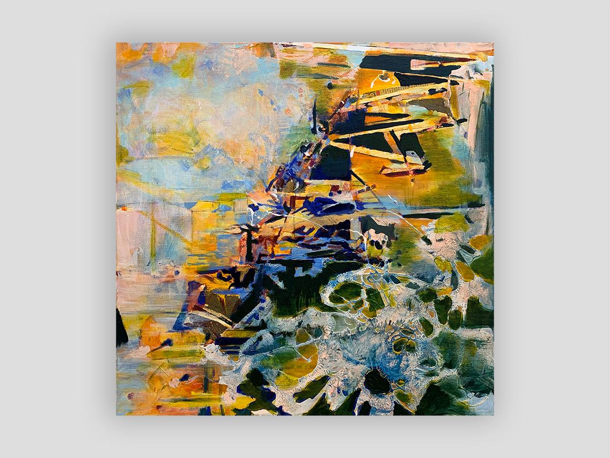 'Redefined Threaded Beams' by Janice Tayler, Acrylic, Ink & Newspaper Collage For Sale 1