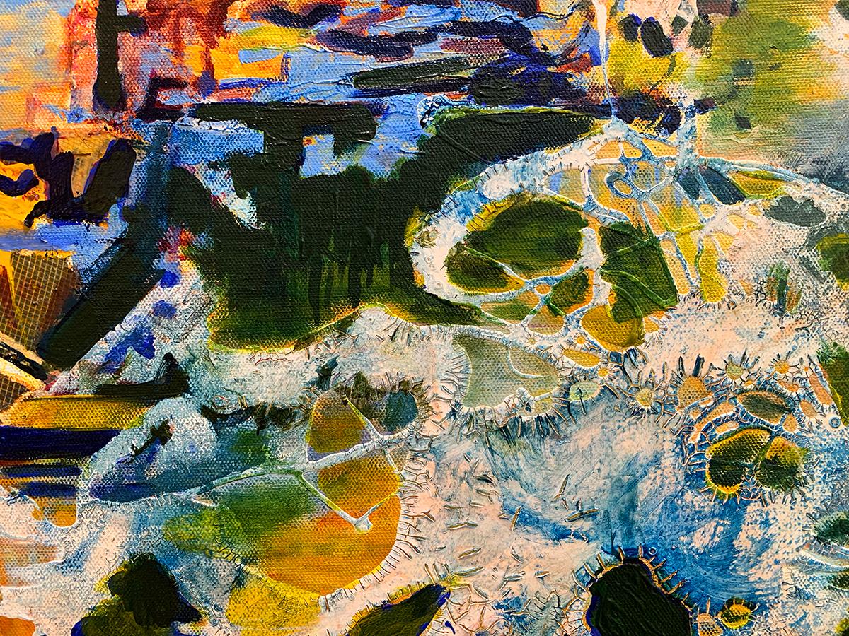 'Redefined Threaded Beams' by Janice Tayler, Acrylic, Ink & Newspaper Collage For Sale 4